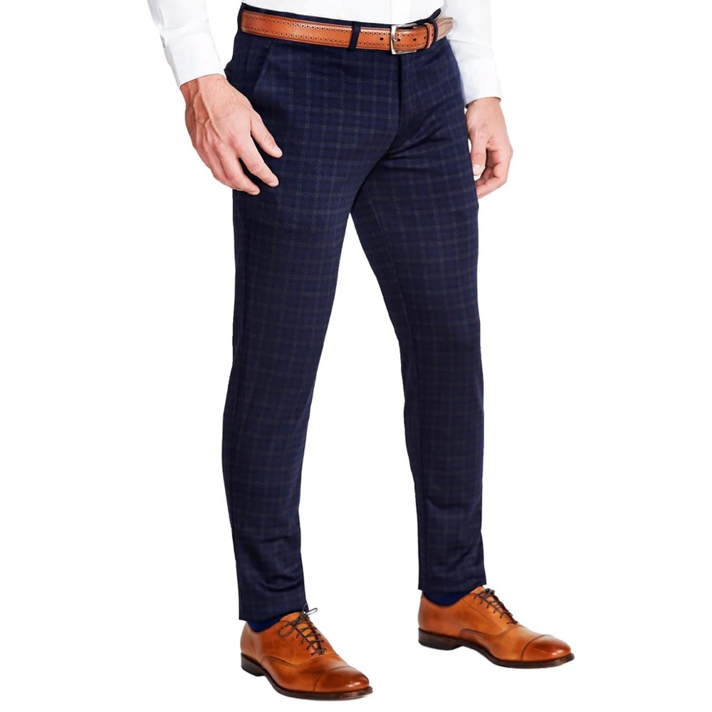 ATHLETIC FIT STRETCH SUIT PANTS - BLUE PLAID